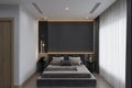 Black and gray feature Comfort Bed, Both side Console Table and Window Drapes with plain Curtainc, 3D rendering Royalty Free Stock Photo