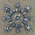 Black and gray stones arranged in a circular geometric pattern on sandy Royalty Free Stock Photo