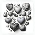 Black and gray white hearts with different decorations on a gray background. Heart as a symbol of afon and love Royalty Free Stock Photo