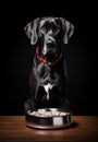 Black Great Dane with bowl full of dry food on a black background