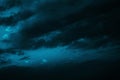 Black green blue night sky with clouds. Dark dramatic skies background for design.