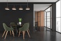 Black and green dining room with folding doors