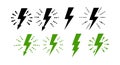 Black and green lightning bolt icons with spark effects vector set for energy and power design elements Royalty Free Stock Photo