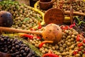 Black and green olives at a French Market. with red peppers & to Royalty Free Stock Photo