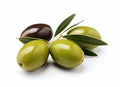 Black and green olives with leaves isolated on a white background Royalty Free Stock Photo