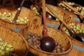 Black and green olives in a market