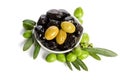 Black and green olives mixed in the porcelain bowl Royalty Free Stock Photo