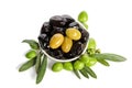 Black and green olives mixed in the porcelain bowl Royalty Free Stock Photo