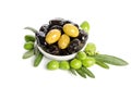 Black and green olives mixed in the porcelain bowl Royalty Free Stock Photo