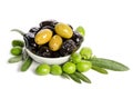 Black and green olives mixed in the porcelain bowl Royalty Free Stock Photo