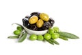 Black and green olives mixed in the porcelain bowl Royalty Free Stock Photo