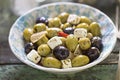 Black green olives with soft cheese Royalty Free Stock Photo