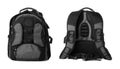 Black and grey backpack isolated on white, collage. Different sides Royalty Free Stock Photo