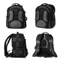 Black and grey backpack isolated on white, collage. Different sides Royalty Free Stock Photo