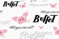 Black and grey Buffet handwritten lettering seamless pattern vector illustration with piglet, pigs ears and tail. Paper, wallpaper