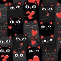 Black and grey Cats with hearts. Happy Valentines day, love you. Cartoon seamless pattern. Vector EPS 10 Royalty Free Stock Photo