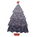 Black and grey Chistmas tree with red berry and star watercolor illustration for decoration on Christmas holiday event