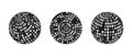 Black and grey disco ball set. Collection of shining spheres in different angles. Turning music globe or planet bundle Royalty Free Stock Photo