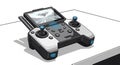 Black and grey gaming controller with drone flight simulation displayed on small screen, isolated on white background Royalty Free Stock Photo