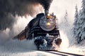 Black grey Polar Express Train rides against snowy white field