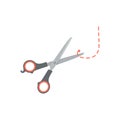 Black and grey scissors cutting red dashed line in minimal flat design vector illustration