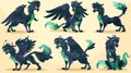 Black griffin character on white background with green wings. Hippogriff animal with horns and tail standing, sitting Royalty Free Stock Photo