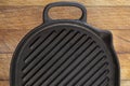 Black grill pan on wood background