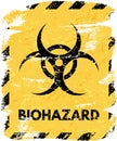 Black grunge biohazard sign isolated on yellow background and striped border. Vector design element.