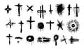 Black grunge elements, brush crosses, spots and signs. Decorative dirty collection, punk rock, heavy metal decor vector