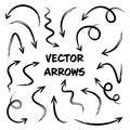 Black Grunge Hand Drawn Arrows Set on White Background. Arrow, Cursor Icon. Vector Pointers Collection. Back, Next Web Royalty Free Stock Photo