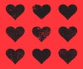 Black grunge hearts set. Distressed texture heart isolated on a red background. Vector illustration Royalty Free Stock Photo