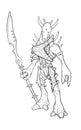 Black Grunge Rough Pencil Sketch of Alien or Fantasy Warrior in Armor