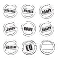 Black grunge stamps. Madrid, Paris, London, Rome