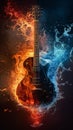 black guitar with dynamic elements of fire and water Royalty Free Stock Photo
