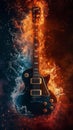 black guitar with dynamic elements of fire and water Royalty Free Stock Photo
