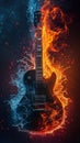 black guitar with dynamic elements of fire and water Royalty Free Stock Photo