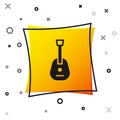 Black Guitar icon isolated on white background. Acoustic guitar. String musical instrument. Yellow square button. Vector Royalty Free Stock Photo