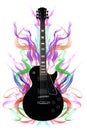 Black guitar isolated on white coloured smoke trails in the background with