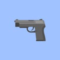 Black gun on blue background. Automatic pistol flat style icon.