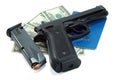 Black gun, bullets and cash Royalty Free Stock Photo