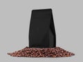 Black gusset packaging mockup with zip fastener, on coffee beans, isolated on background Royalty Free Stock Photo