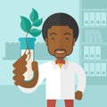 Black guy Chemist with tube and eco leaves