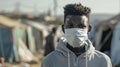 A black guy in a protective medical mask on his face stands in front of a tent. A volunteer in a refugee camp