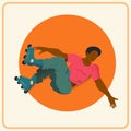 The black guy on roller skates on red circle background. The strong expressive sportsman. Vector illustration.