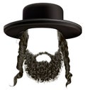 Black hair sidelocks with beard mask wig hassid in hat . Royalty Free Stock Photo