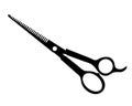 Black hairdressing scissors for cutting hair in the salon. A stylist`s tool. Vector icon on white background