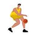 Male basketball player in a yellow t-shirt dribbling the ball by hand. Vector illustration in the flat cartoon style Royalty Free Stock Photo