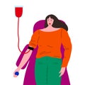 Blood donor and transfusion female character lying with donating bag. Vector illustration in flat cartoon style. Royalty Free Stock Photo