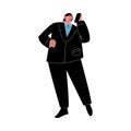 Overweight black-haired man standing in a black suit and talking on the phone. Vector illustration in cartoon style.