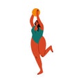 A black-haired plump woman in swimsuit playing on a beach with a ball. Vector illustration in flat cartoon style Royalty Free Stock Photo